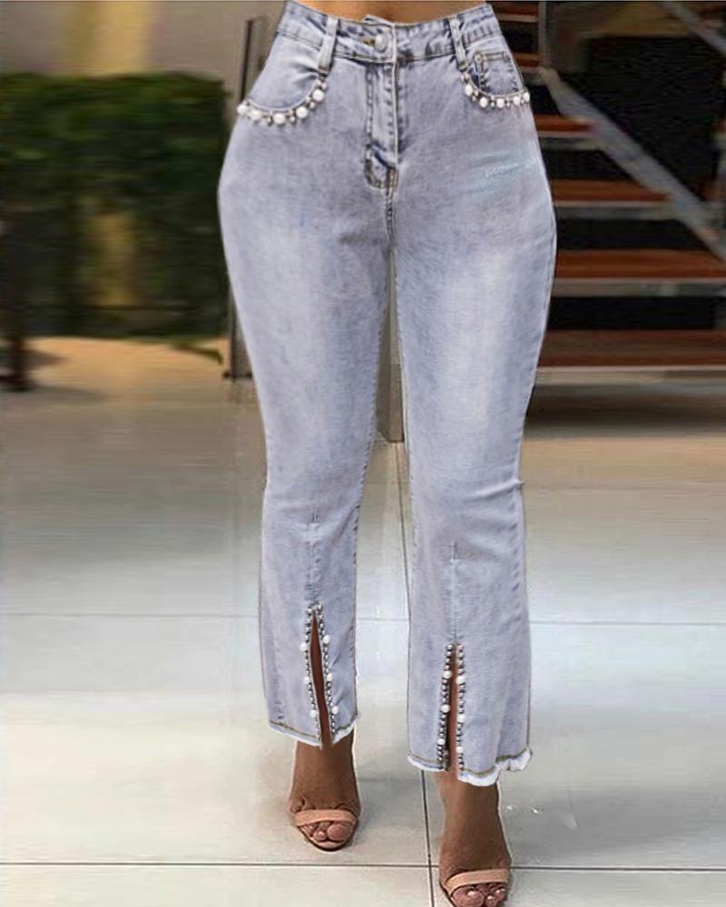 

Beaded Decor High Waist Slit Bootcut Jeans, Light blue