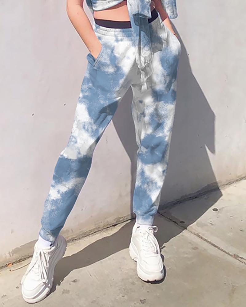 

Tie Dye Print Pocket Design Casual Pants, Dark blue