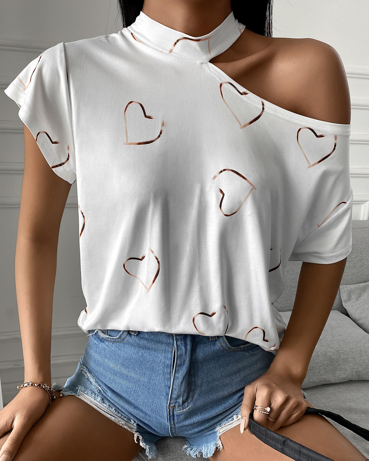 

Heart Print Cold Shoulder Short Sleeve T-shirt, White