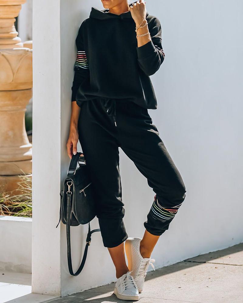 

Striped Colorblock Hooded Top & Drawstring Pants Set, Black