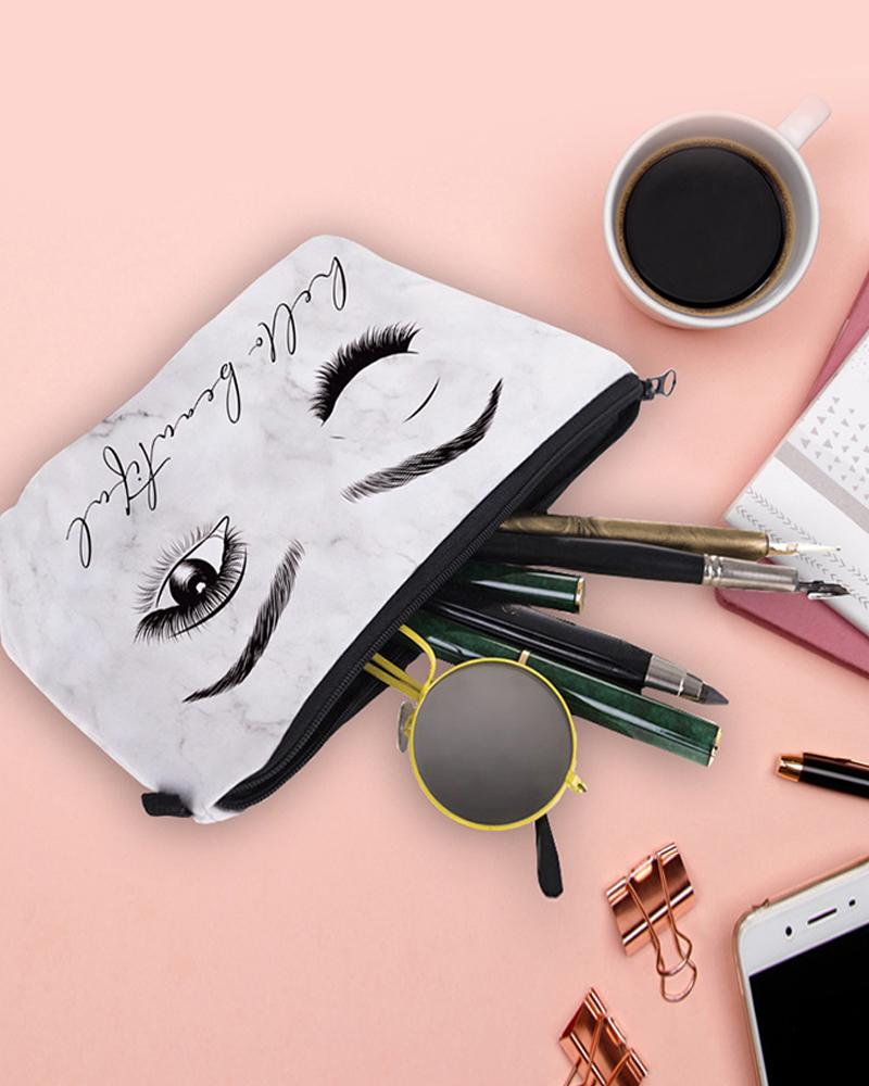 

Eyelash Marble Letter Print Makeup Bag, White