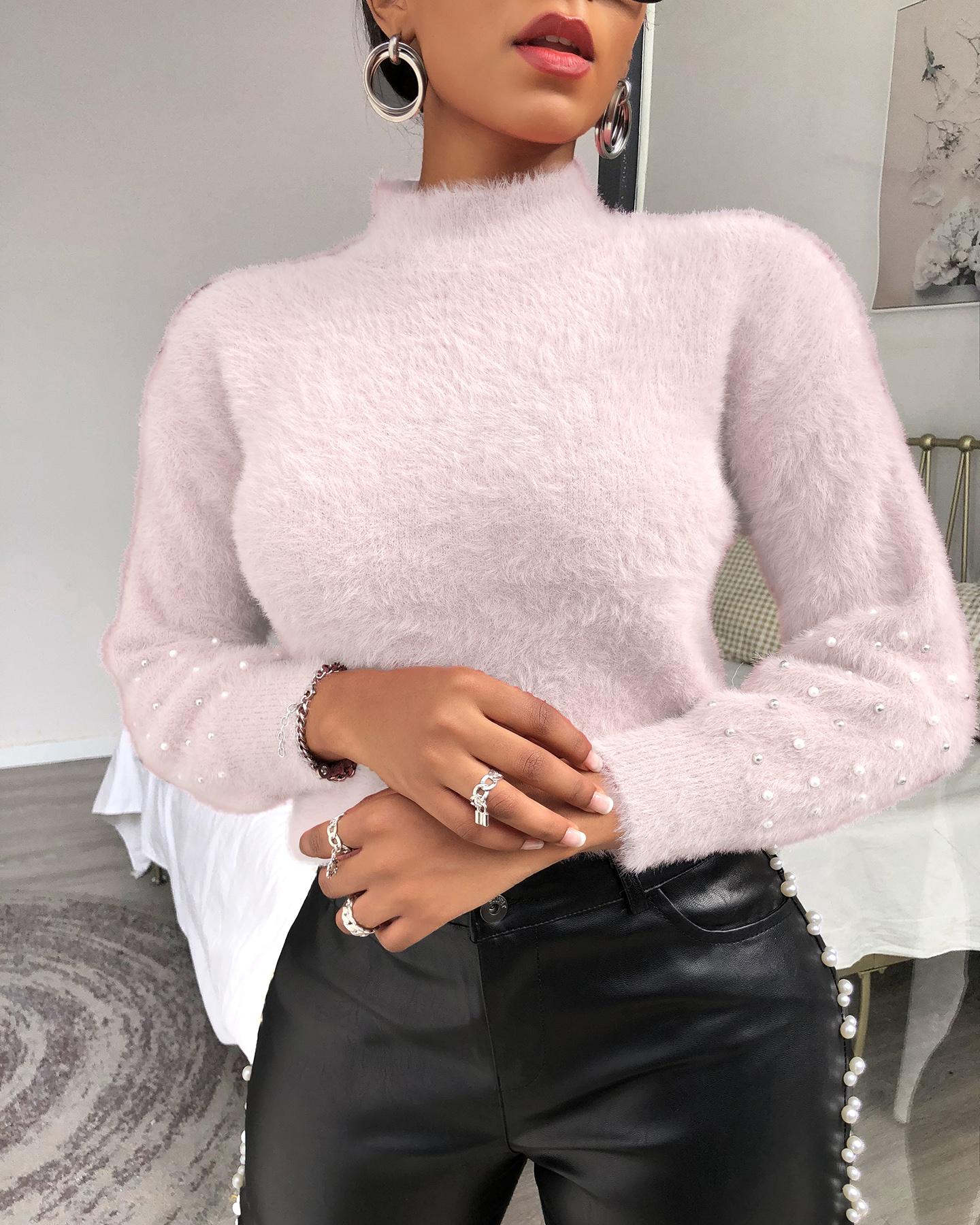 

Beaded Fluffy Lantern Sleeve Top, Pink
