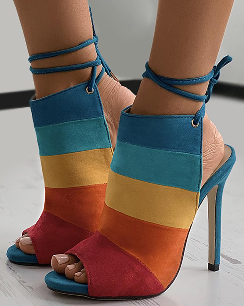 

Colorblock Peep Toe Lace-up Stiletto Heel, Multicolor