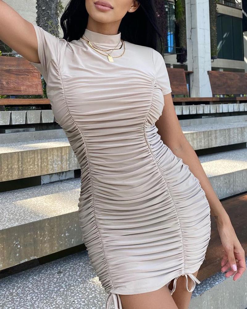

Ruched Drawstring Short Sleeve Bodycon Dress, Beige