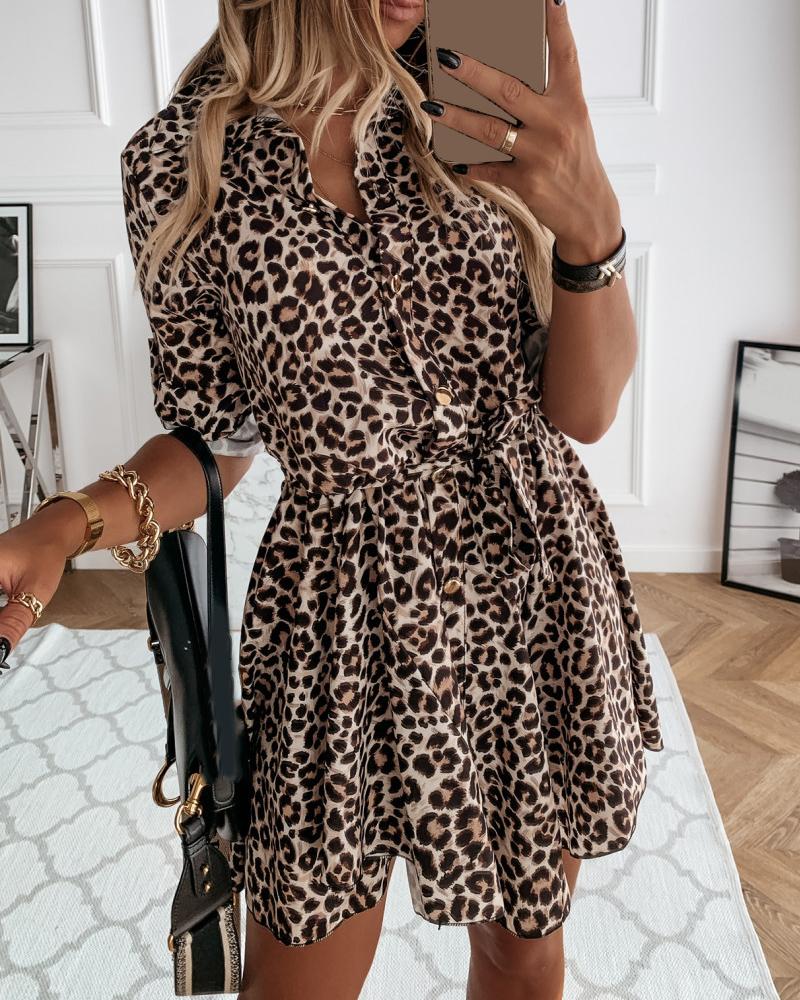 

Cheetah Print Ruffles Button Design Shirt Dress, Leopard