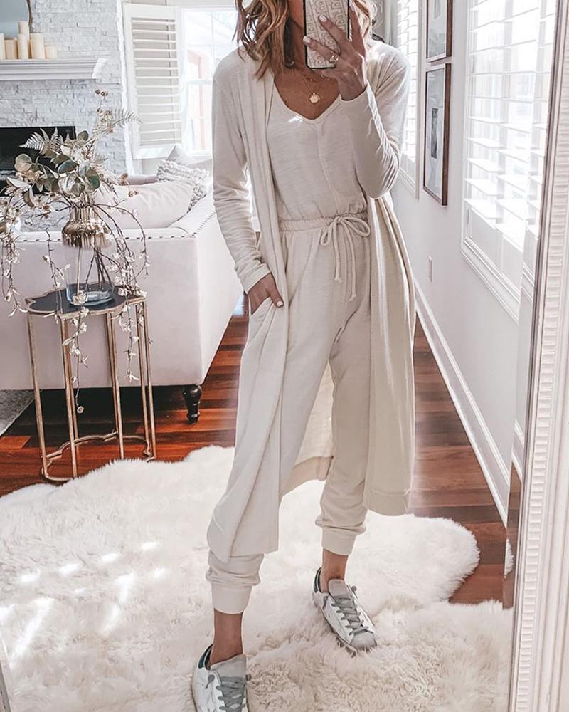 

Solid Jumpsuit & Cardigan Set, Beige