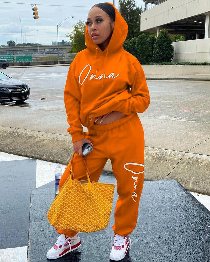 

Letter Print Hooded Top & Pants Set, Orange