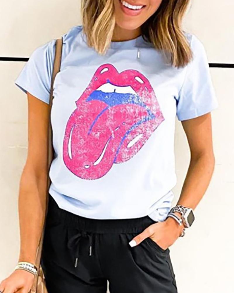 

Lip Print Short Sleeve Casual T-shirt, Light blue
