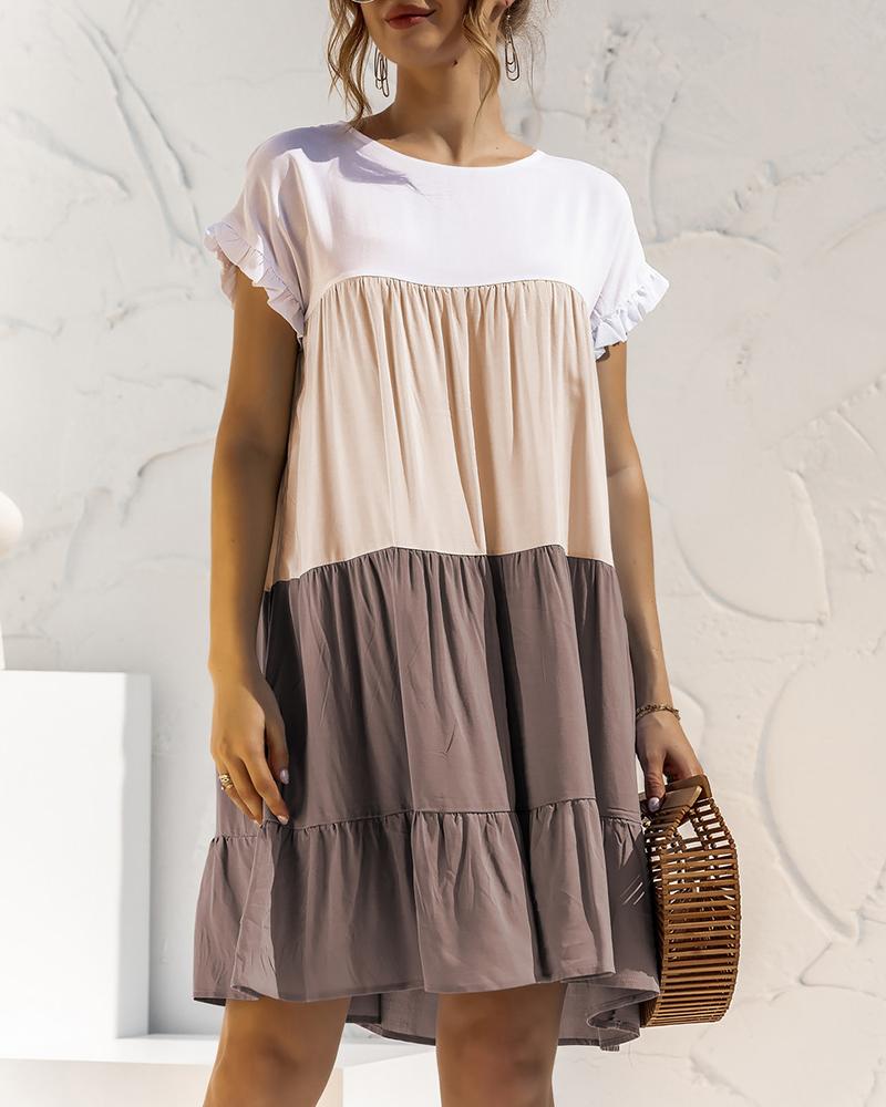 

Colorblock Frill Hem Short Sleeve Casual Dress, Khaki