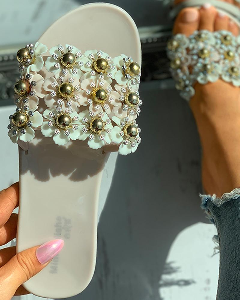 

Floral Pattern Beaded Open Toe Flat Sandals, Pink