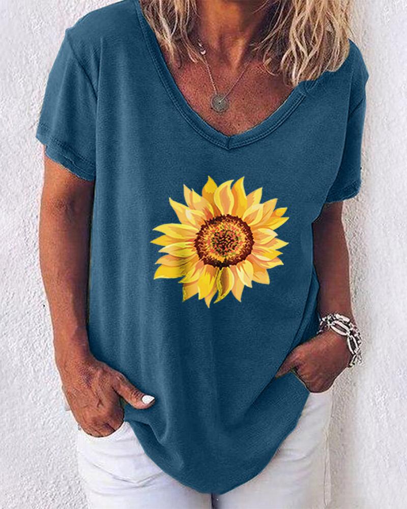 

V Neck Sunflower Print Casual T-shirt, Blue
