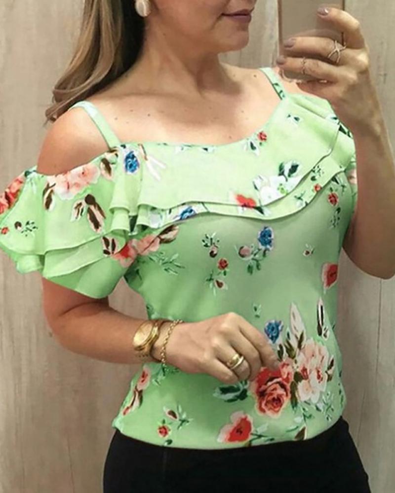 

Floral Print Ruffled Cold Shoulder Tops, Green