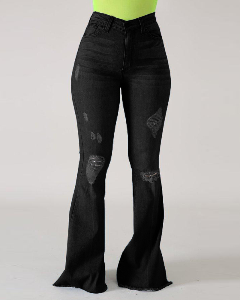 

High Waist Cutout Ripped Flared Jeans, Black