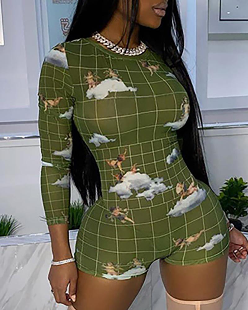 

Angle Plaid Print Sheer Mesh Romper Without Panty, Green