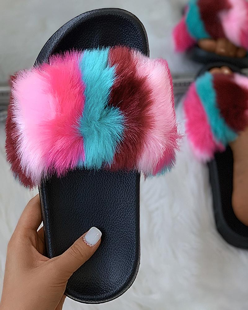 

Colorblock Open Toe Fluffy Slippers, Blue
