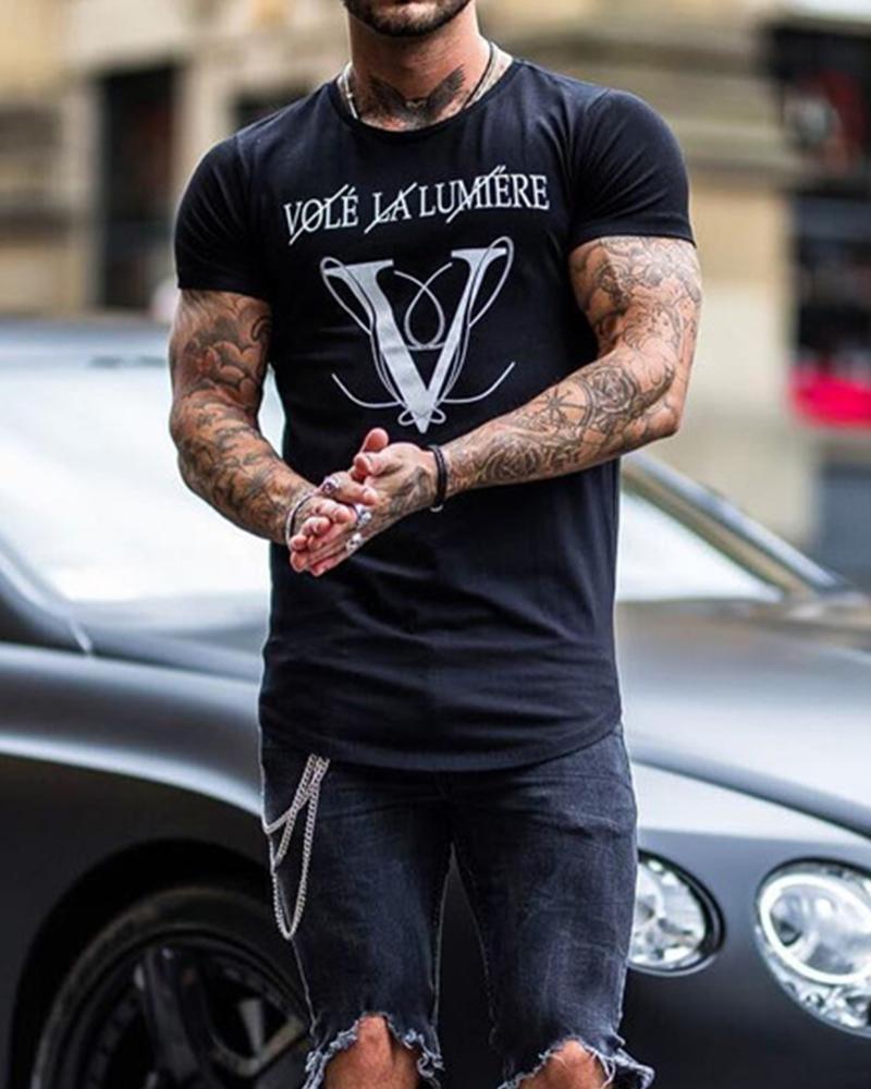 

Letter Print Short Sleeve T-shirts, Black