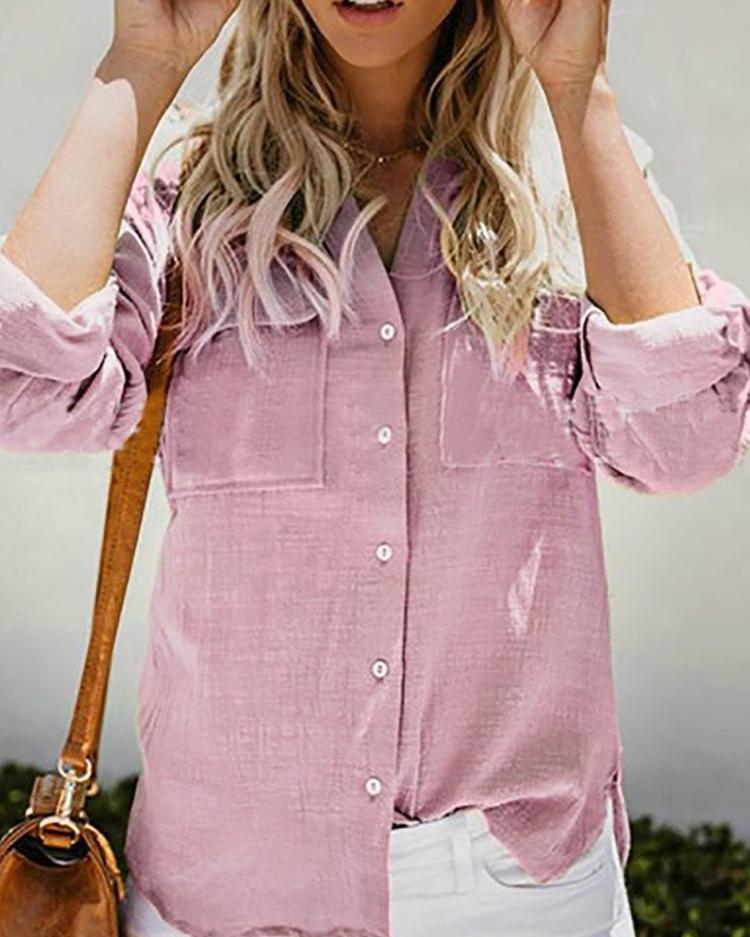 

Button Through Pocket Design Casual Shirt, Pink