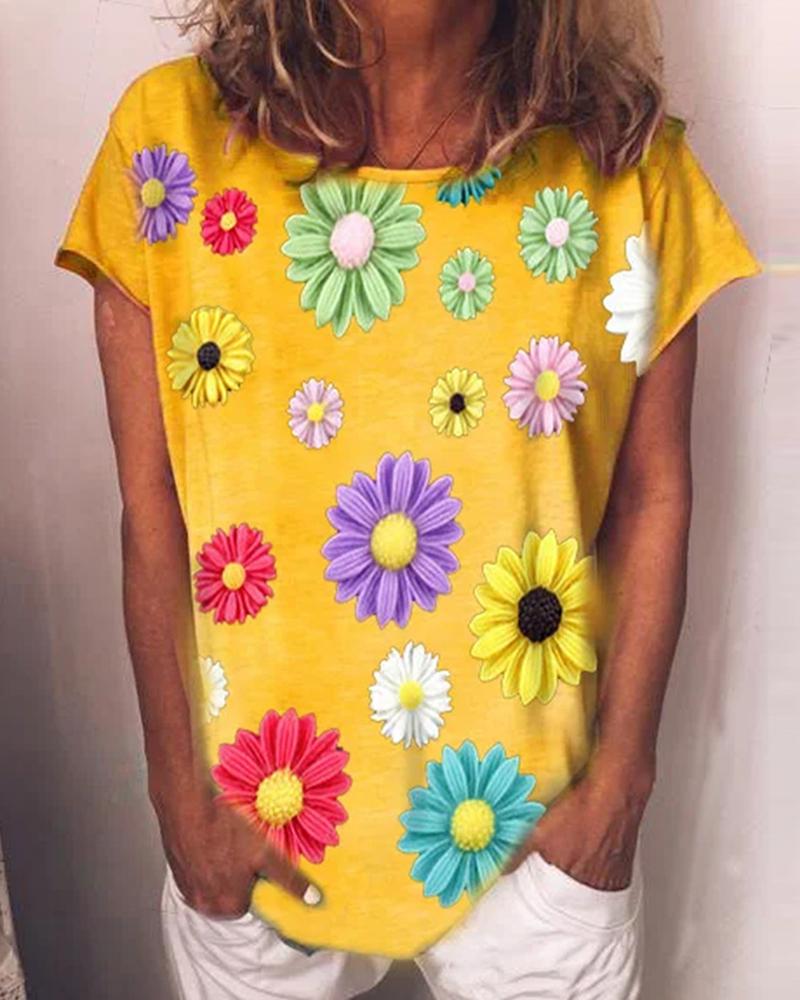 

Daisy Print Round Neck Casual T-Shirt, Yellow