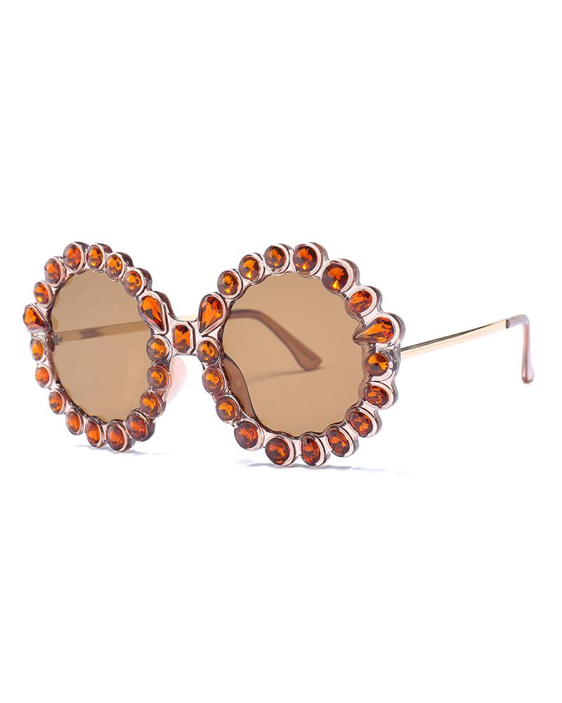 

Studded Round Frame Sunglasses, Brown