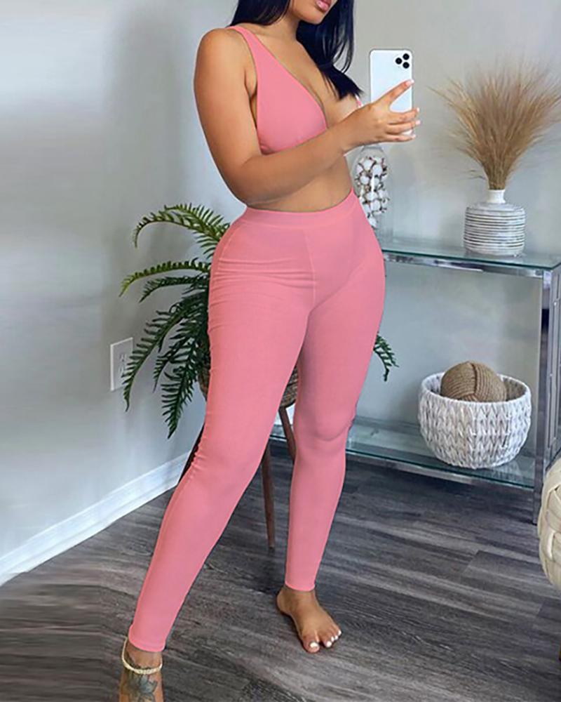 

Colorblock Crop Top & High Waist Pants Set, Pink