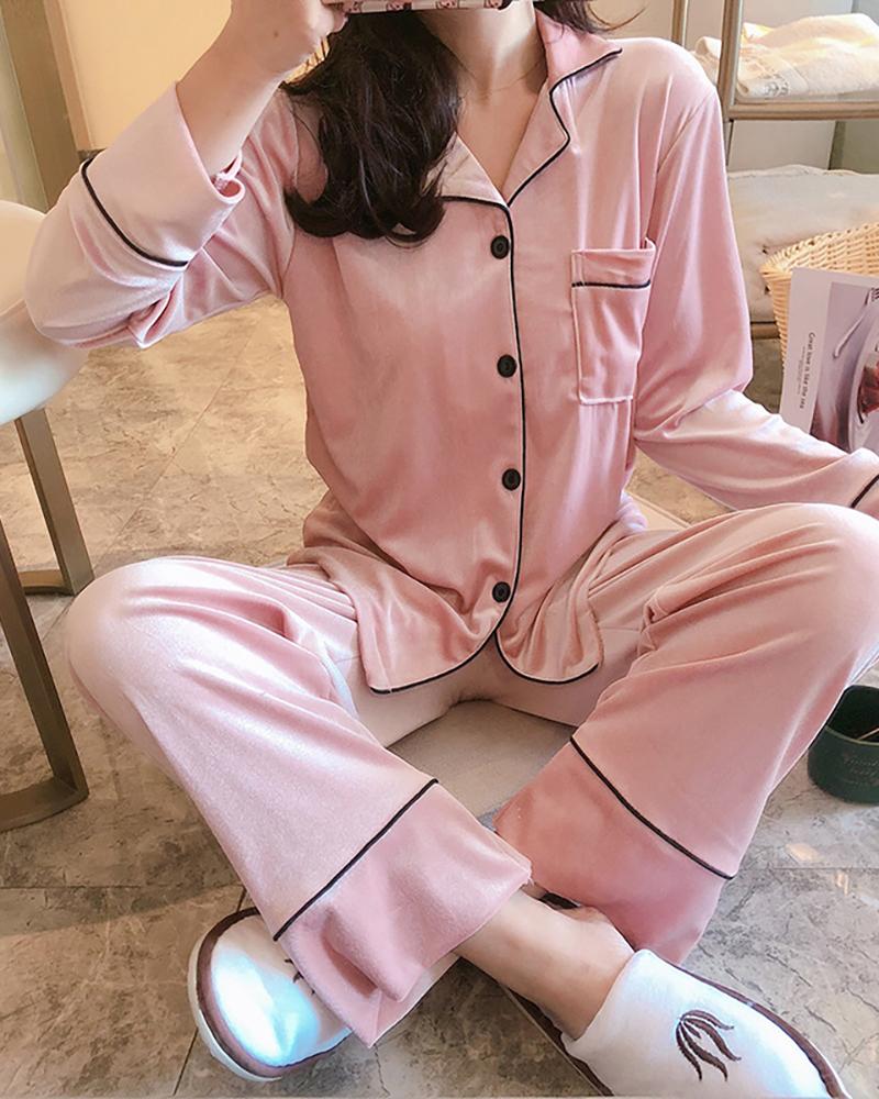 

Plain Pocket Design Pajamas Set, Light pink