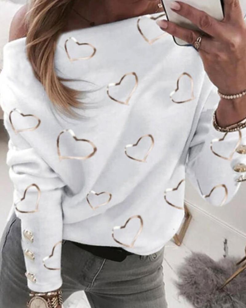 

Heart Print Long Sleeve Sweatshirt, White