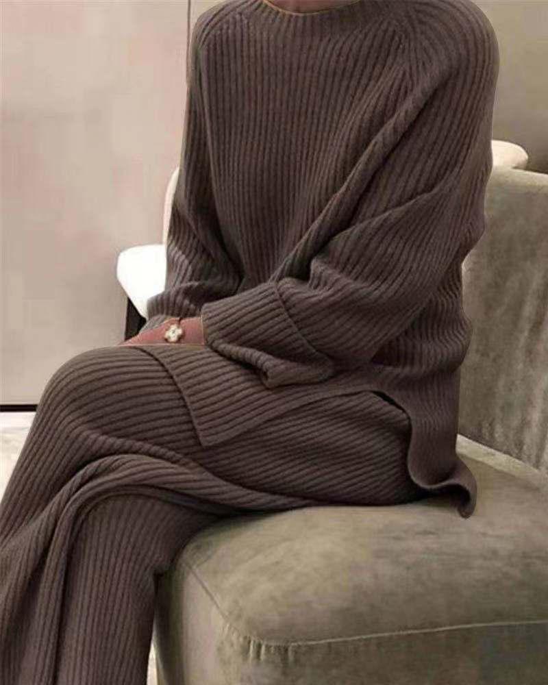 

Plain Ribbed Long Sleeve Top & Pants Set, Coffee