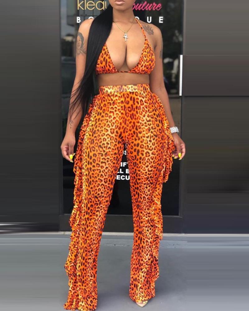 

Cheetah Print Halter Bikini Top & Ruffles Mesh Pants Set With Panty, Orange