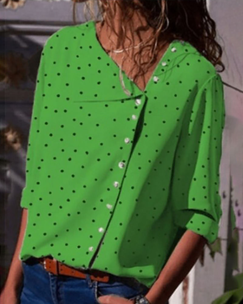 

Button Up Dot Print Casual Blouse, Green