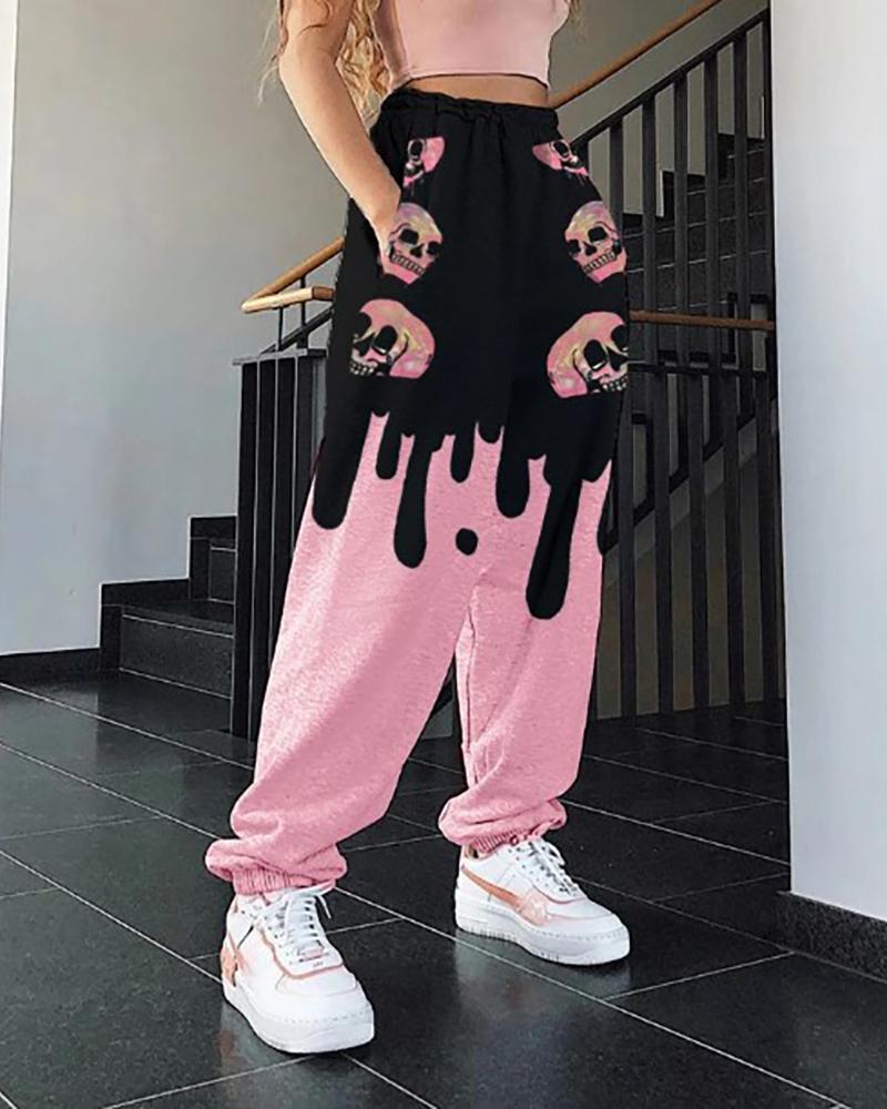 

Colorblock Graphic Print Pocket Design Pants, Pink