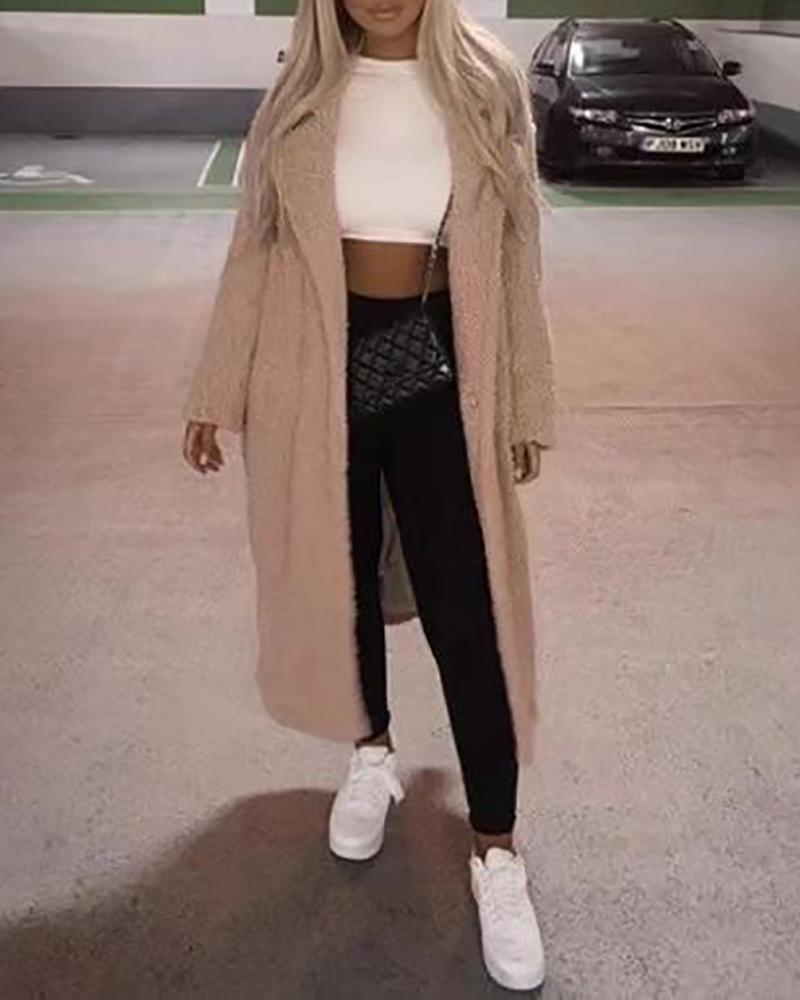 

Plain Button Design Long Sleeve Teddy Longline Coat, Khaki