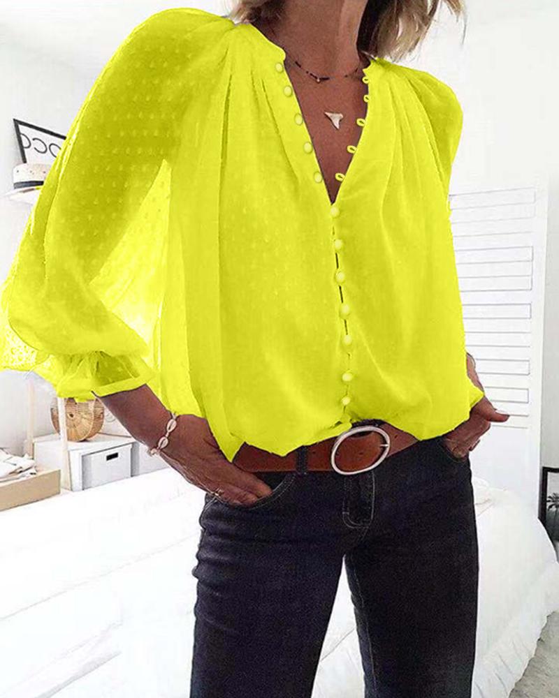 

Dots Button Long Sleeve Women Blouse, Yellow