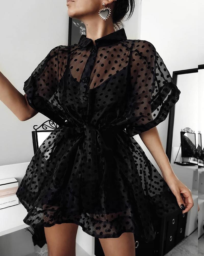 

Dot Print Semi Sheer Buttoned Blouse, Black