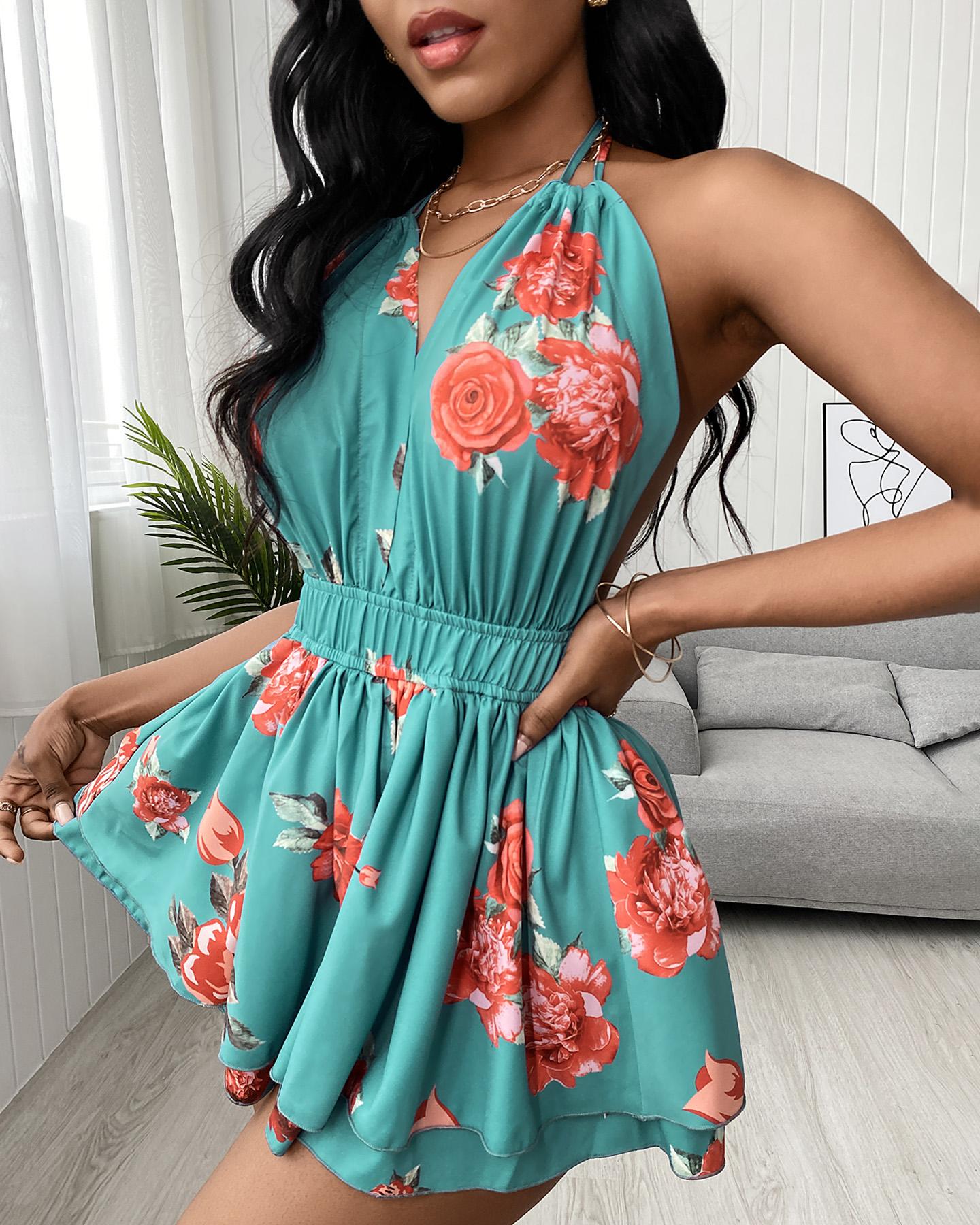 

Halter Spaghetti Strap Floral Print Backless Dress, Blue