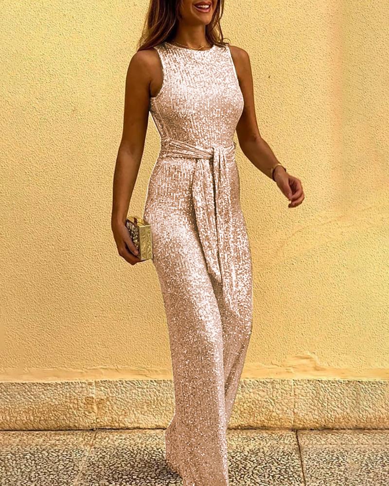 

Glitter Round Neck Sleeveless Backless Sequins Jumpsuit, Champagne