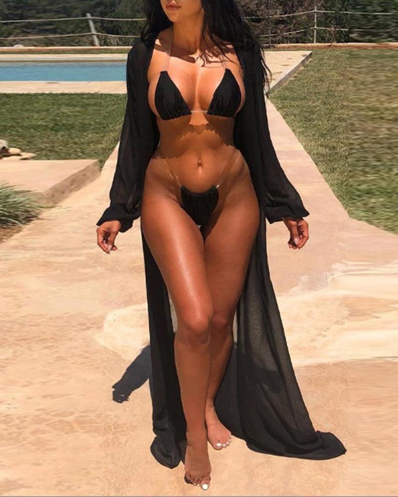 

Halter Spaghetti Strap Ruched Bikini Set With Sheer Mesh Cover Up, Black