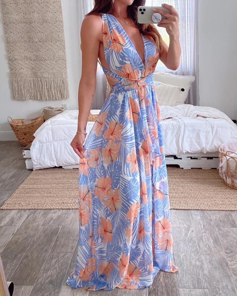 

All Over Print Skinny Waist Sleeveless Maxi Dress, Multicolor
