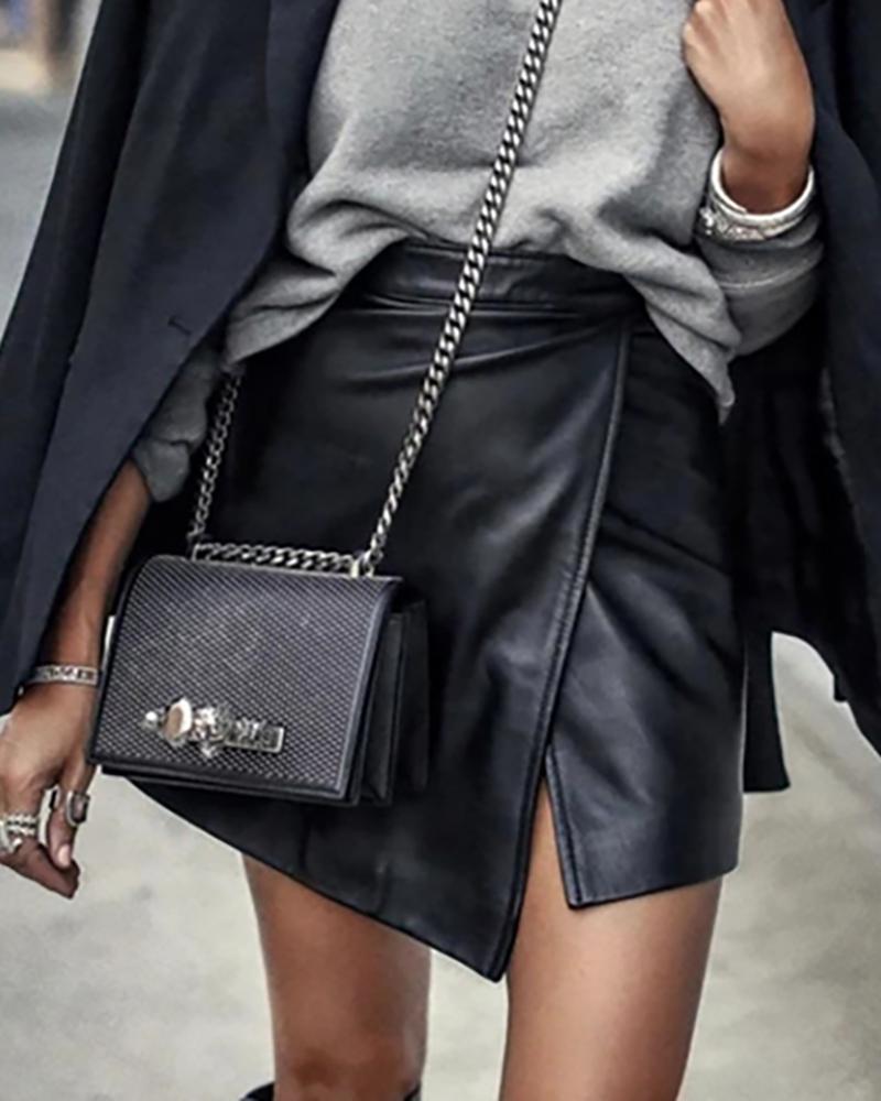 

High Waist Asymmetrical PU Skirt, Black