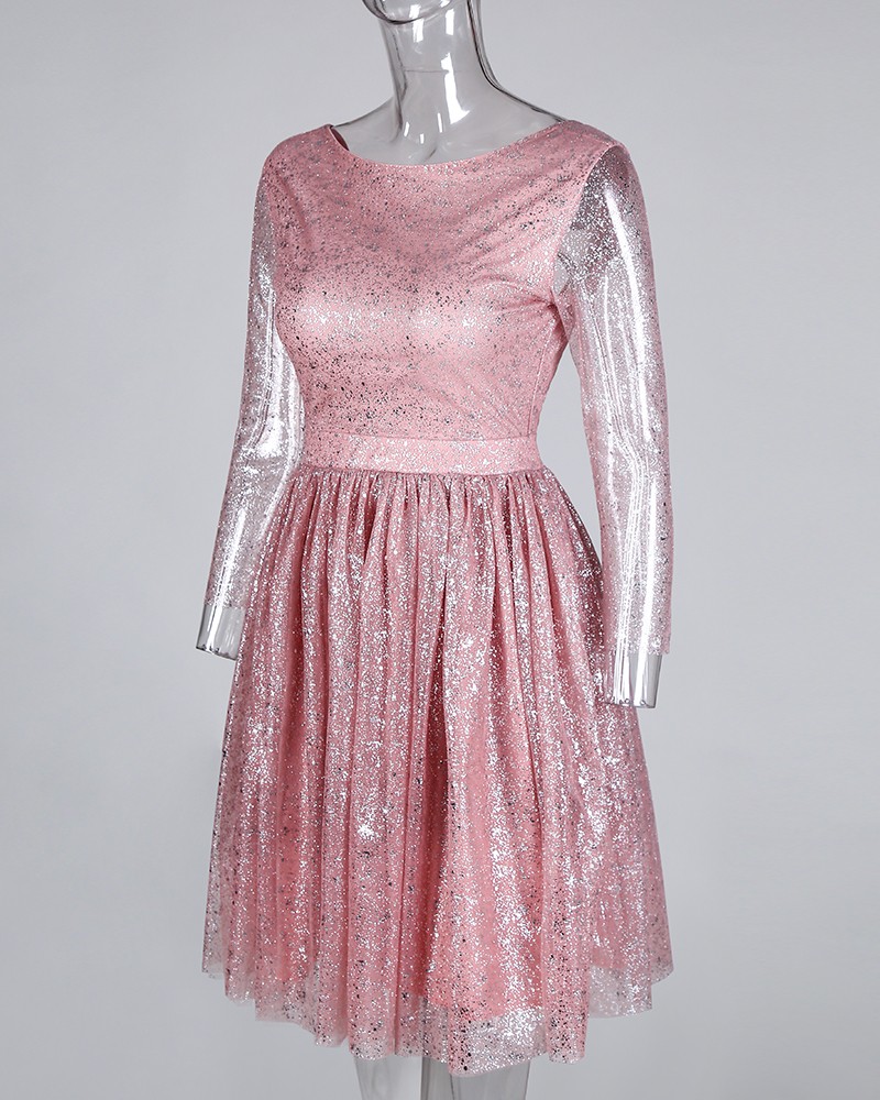 glitter sequins mesh overlay pleated dress