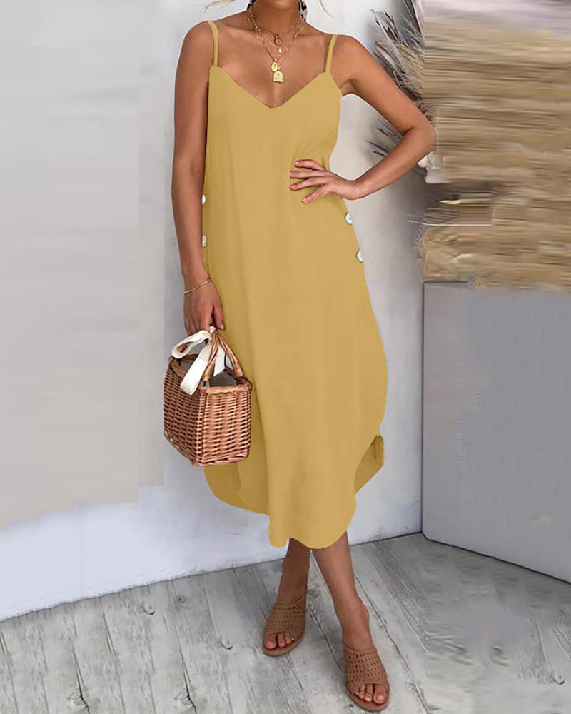 

Button Design Slit Spaghetti Strap Irregular Dress, Yellow