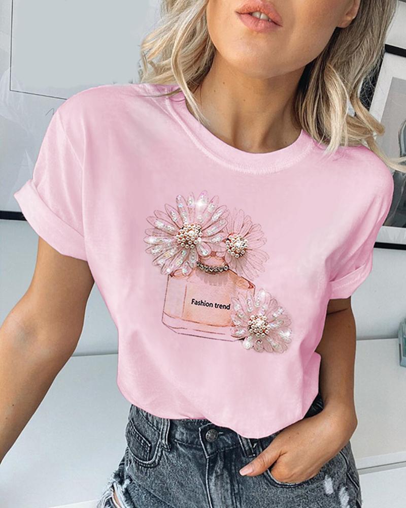 

Print Studded Beaded Casual T-shirt, Pink