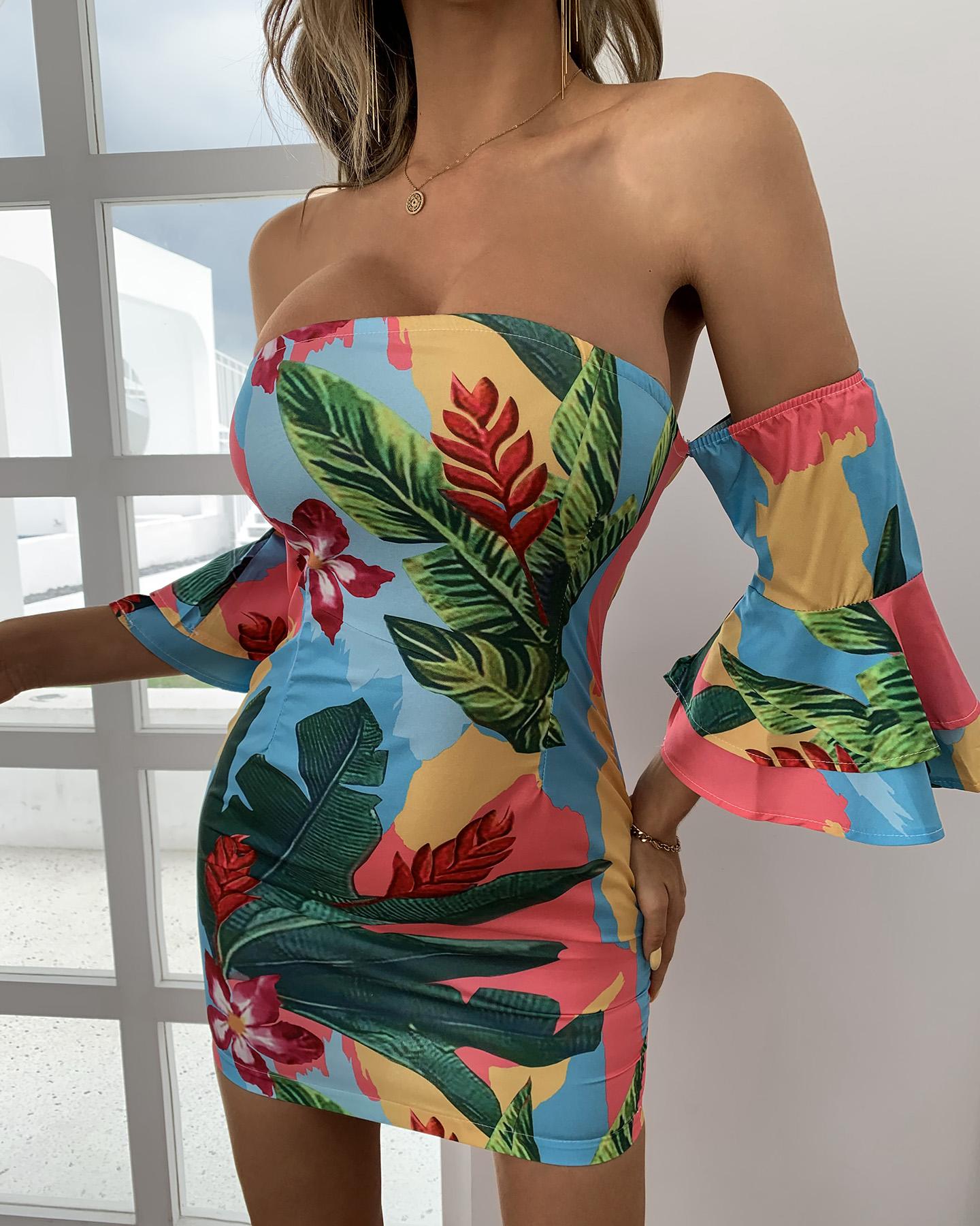

Tropical Print Off Shoulder Bell Sleeve Bodycon Dress, Blue