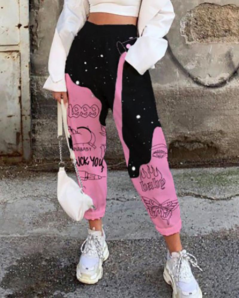 

Graphic Letter Print Colorblock Pants, Pink