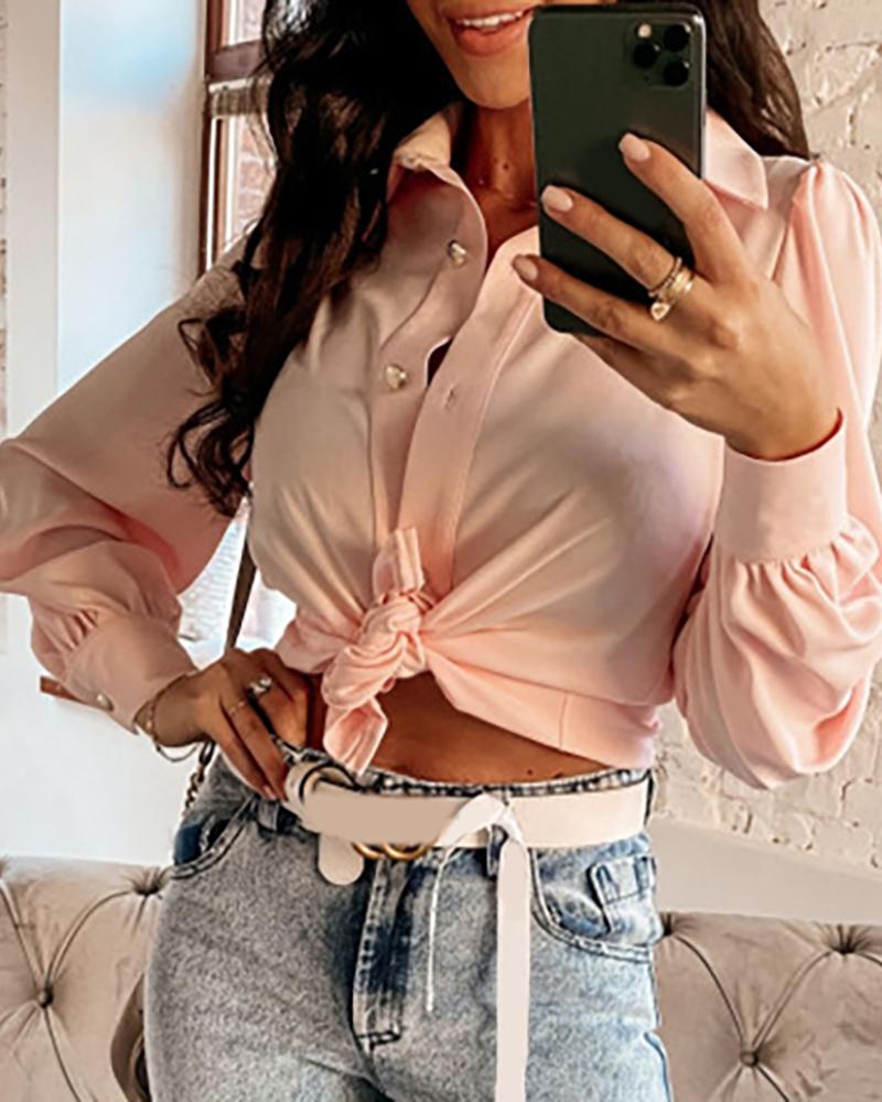 

Knotted Puffed Lantern Sleeve Crop Top, Pink