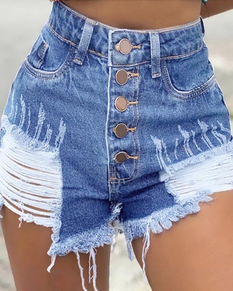

Ripped Button Design Denim Shorts, Light blue