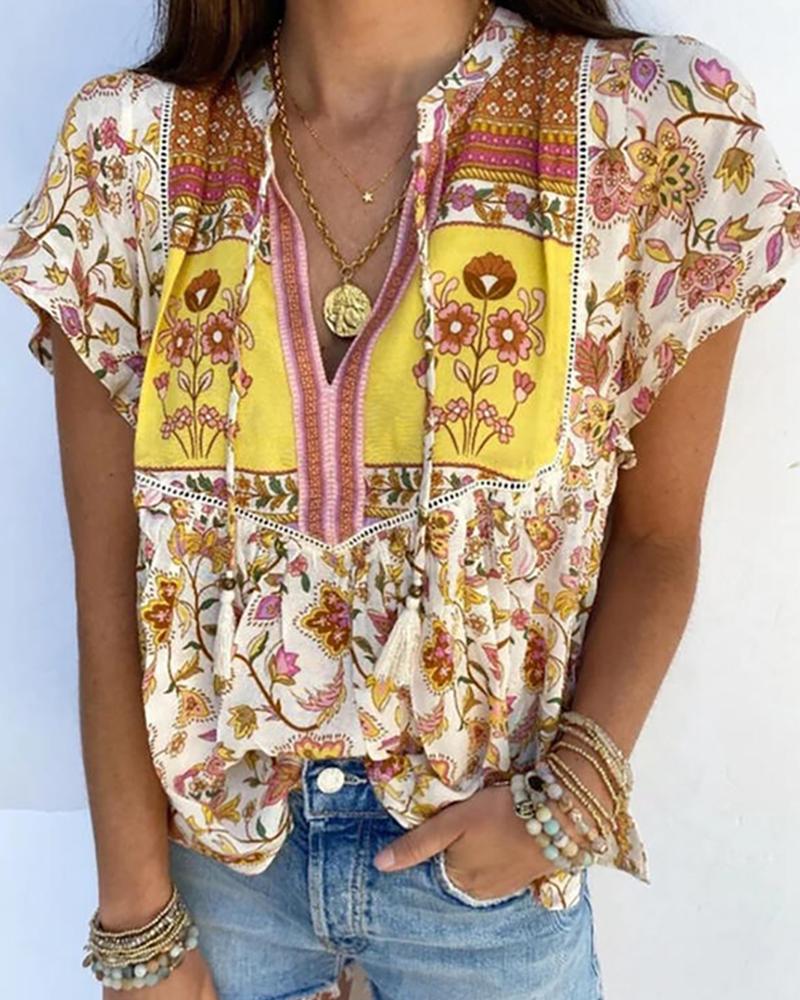 

Floral Graphic Print Tassel Design Top, Yellow