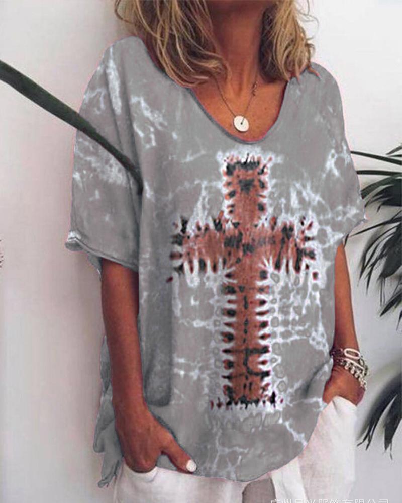 

Cross Patterns Print Short Sleeve Loose T-shirts, Gray