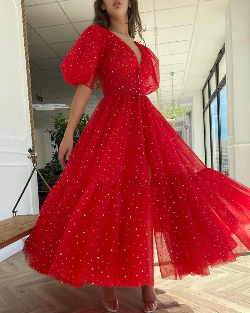 

Glitter Lantern Sleeve High Slit Dress, Red