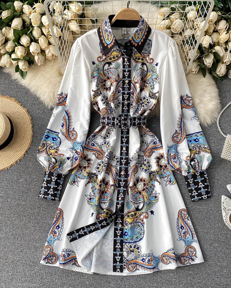 

Paisley Print Lantern Sleeve Beaded Casual Dress, White