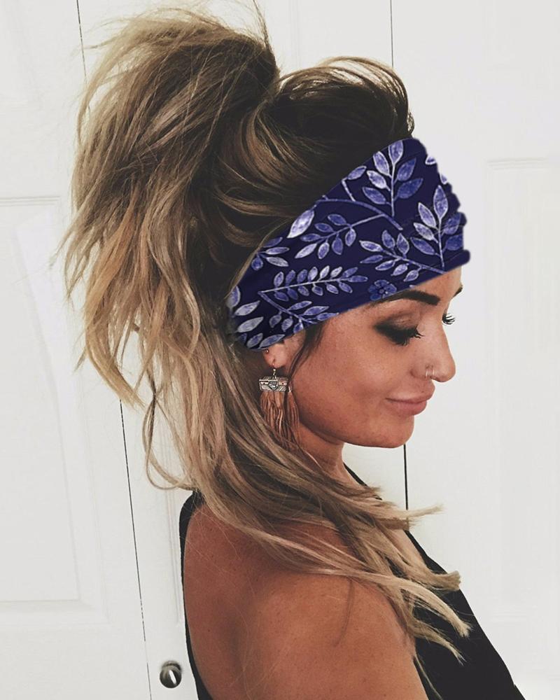 

Leaf Print Yoga Elastic Headwraps Head Wrap Hair Band, Dark blue